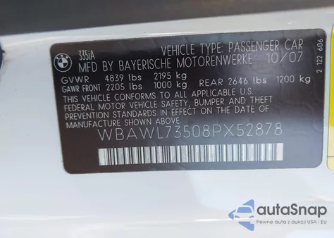 2008 BMW 335 I from USA, damaged, VIN WBAWL73508PX52878